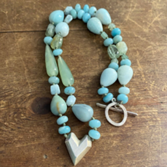 Beaded aquamarine, amazonite and jade necklace with sterling silver heart