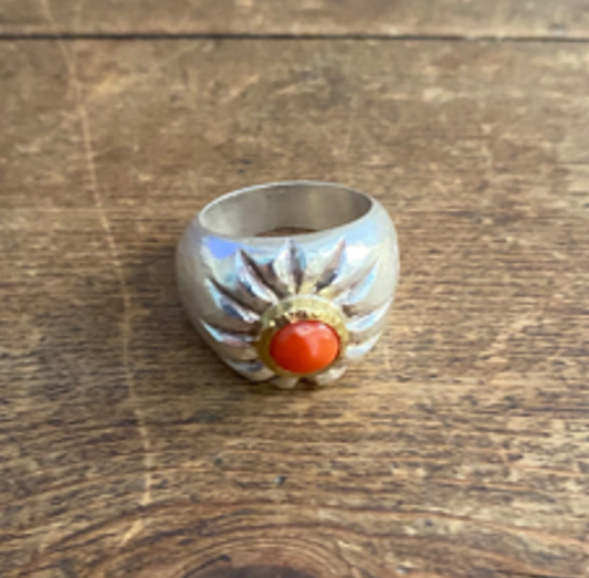 Sterling siver pinky ring with coral set in 18k gold