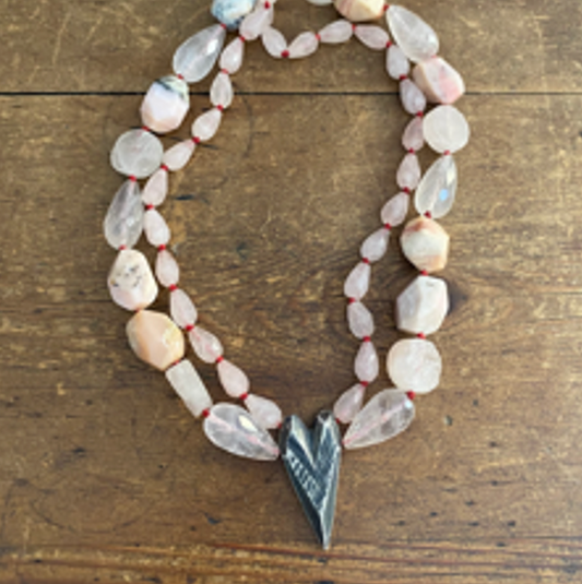 Beaded rose quartz and rose opal necklace with oxidized silver heart