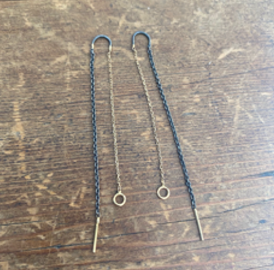 Oxidized silver and 18k gold threader earrings