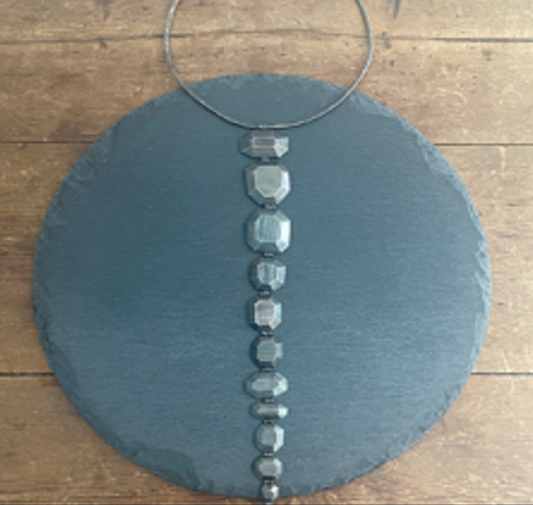 Long oxidized silver geometric segmented necklace